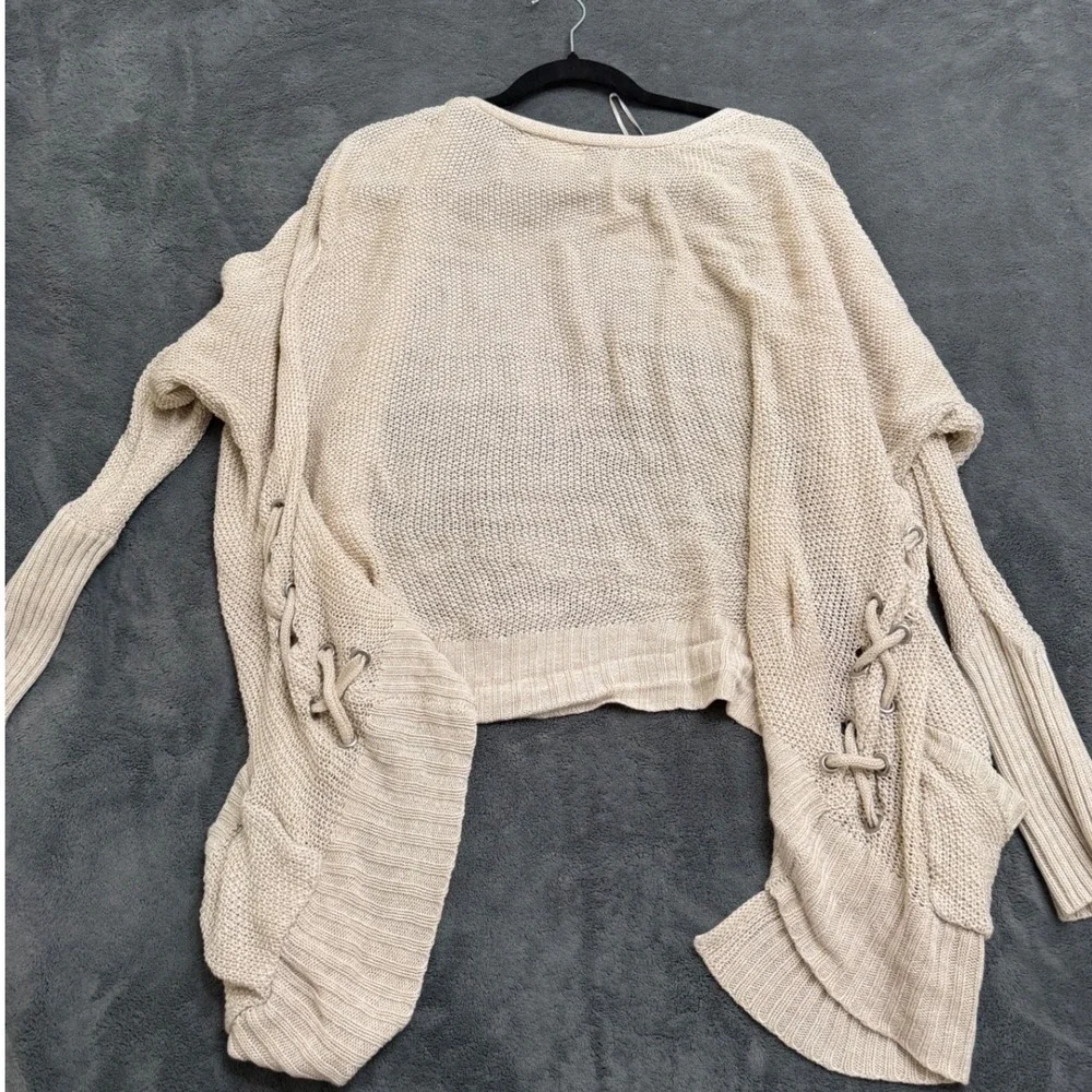 Pink Rose Cardigan Womens L Beige Excellent Lace Up Side Pointelle Open Front